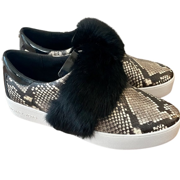 Michael Kors Maven Embossed Snakeskin Print Leather and Rabbit Fur Sneak… - Picture 1 of 13